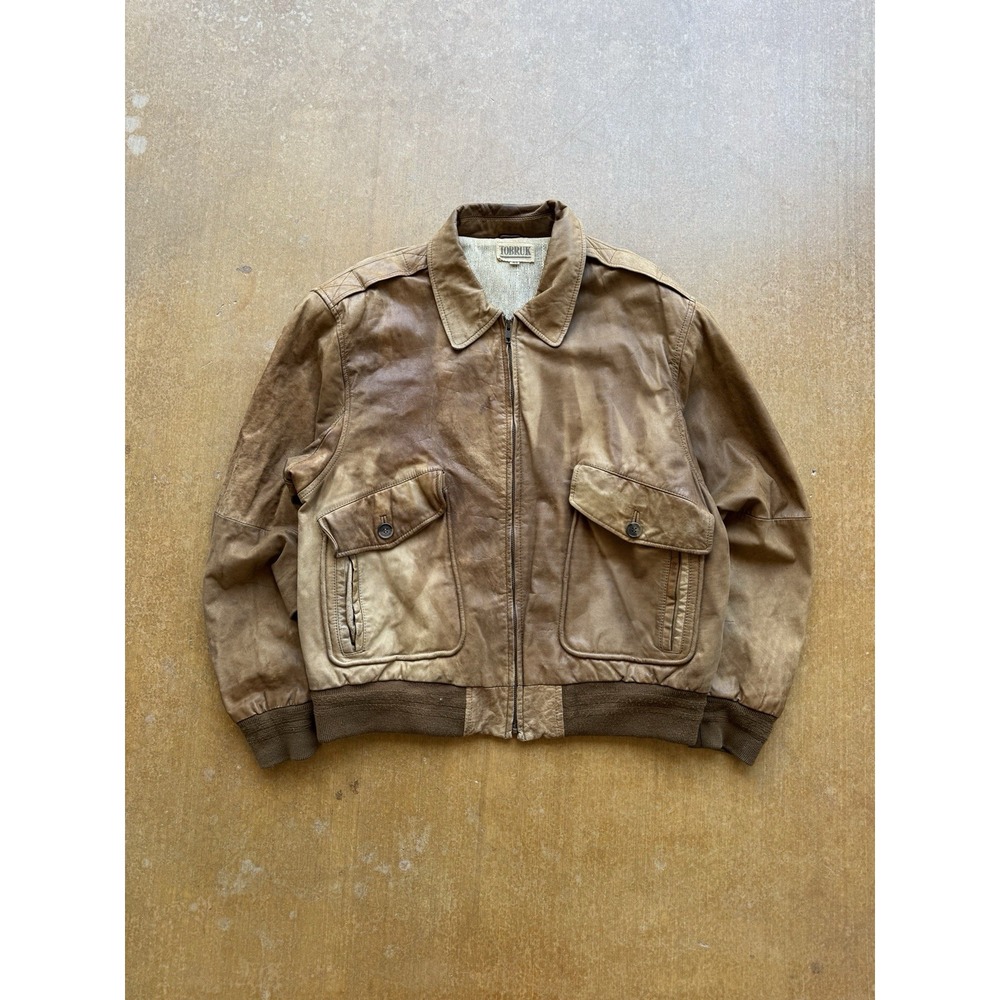 VTG 80s Tobruk Faded A-2 Aviator Military Navy Leather Bomber Jacket (L)
